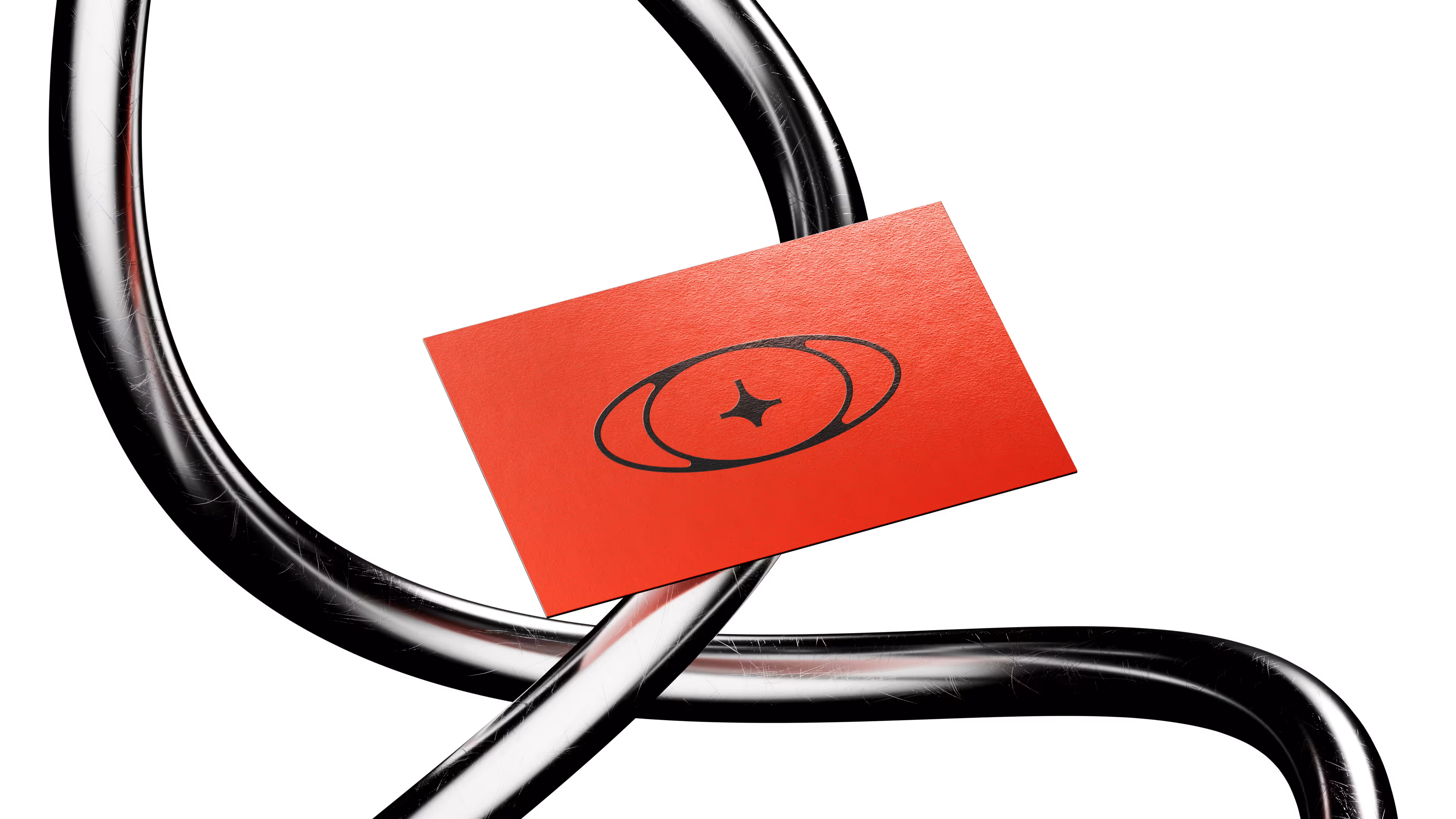 NEA Studio brand identity design, red business card with orbital star logomark resting on intersecting black tubes on white background