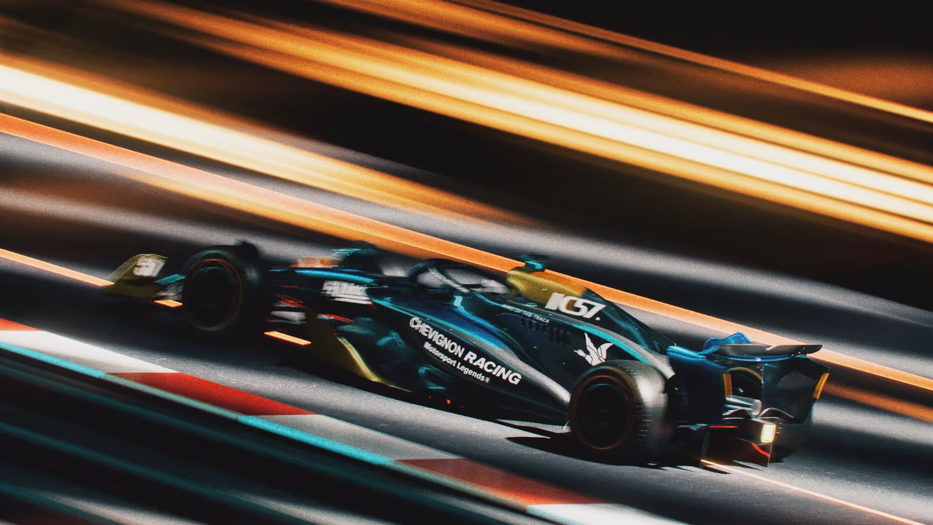 NEA Studio 3D CGI render, Chevignon Racing branded Formula 1 car at high speed with motion blur light streaks on dark track for 2024 F1 campaign