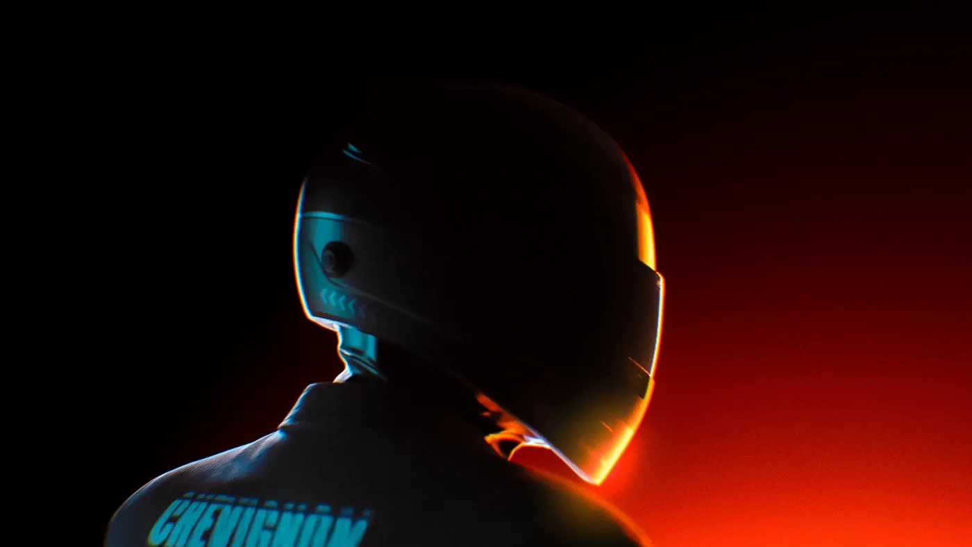 NEA Studio 3D CGI render, Chevignon Racing F1 driver helmet silhouette with teal and orange rim lighting on dark background for 2024 Formula 1 campaign
