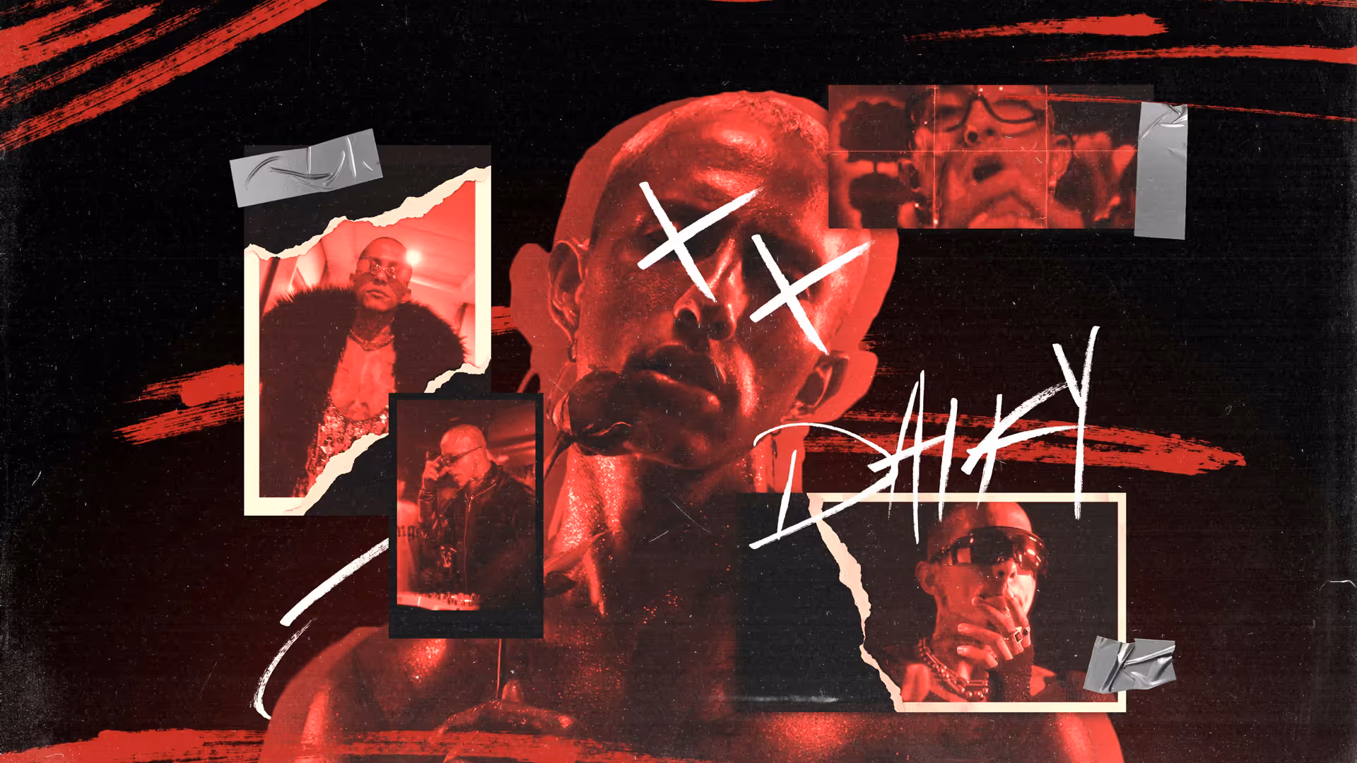 Daiky Gamboa show visual by NEA Studio — dark collage with artist portrait, torn photo cutouts, red brush strokes and hand-drawn typography on black background