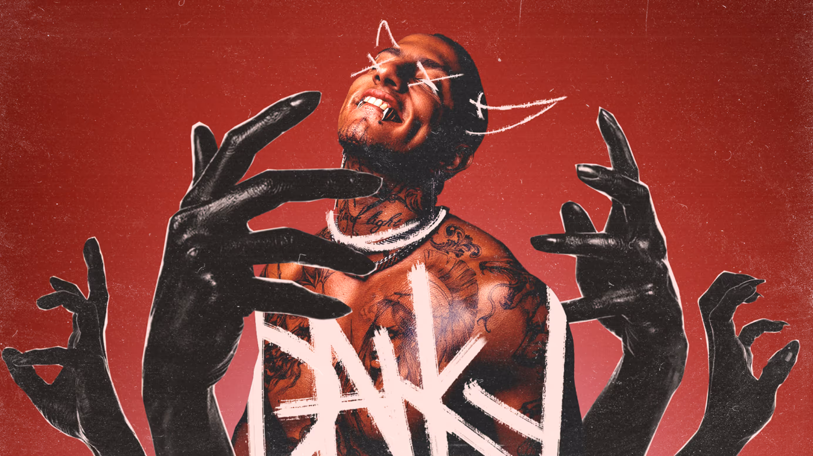 Daiky Gamboa show visual by NEA Studio — collage poster with artist surrounded by dark hands and hand-drawn typography on deep red background