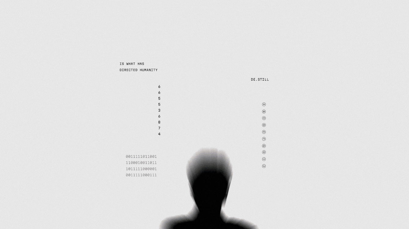 NEA Studio motion design — surreal collage portrait with hypnotic spiral replacing face, binary code and experimental typography for De.still brand film