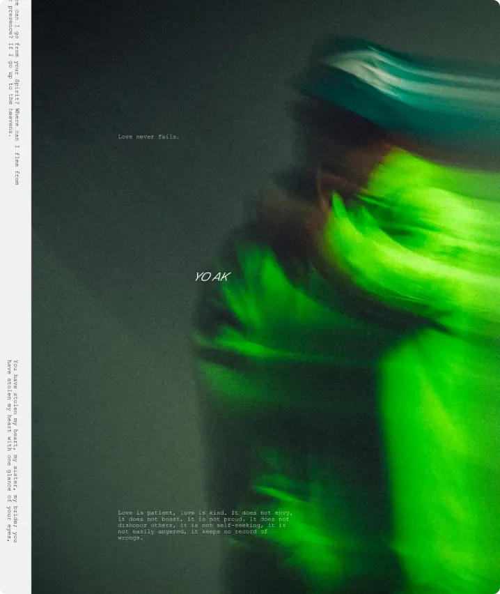 Feid YO AK music video motion graphics by NEA Studio, experimental poster with neon green hand gesture, Love never fails typography and glitch textures on dark grainy background