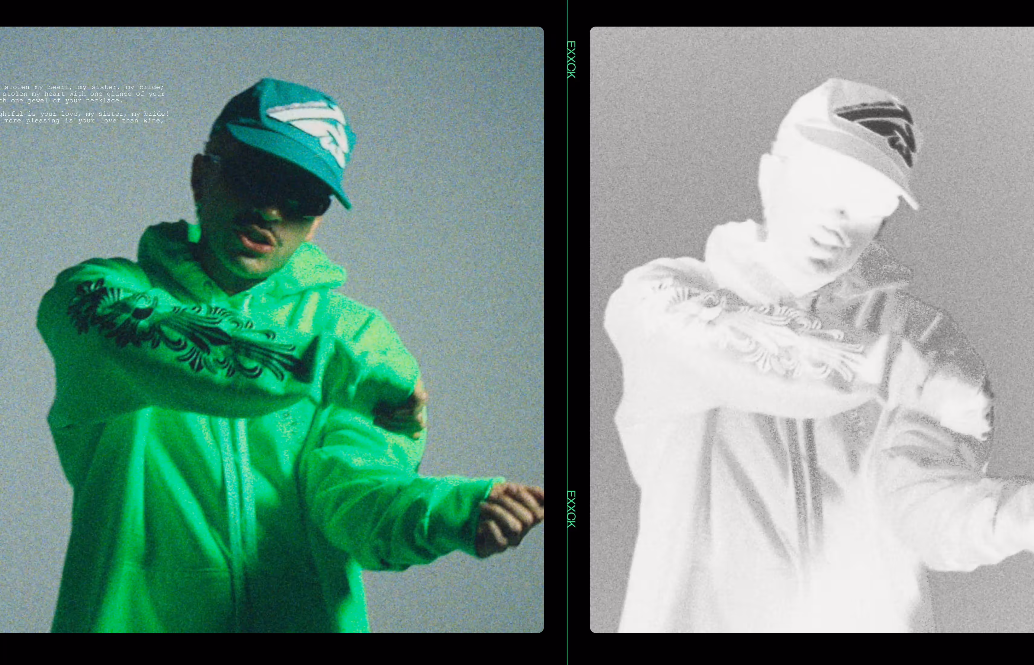 Feid YO AK music video motion graphics by NEA Studio, split screen with neon green tinted Feid performance still and black and white vintage painting overlay on grainy background