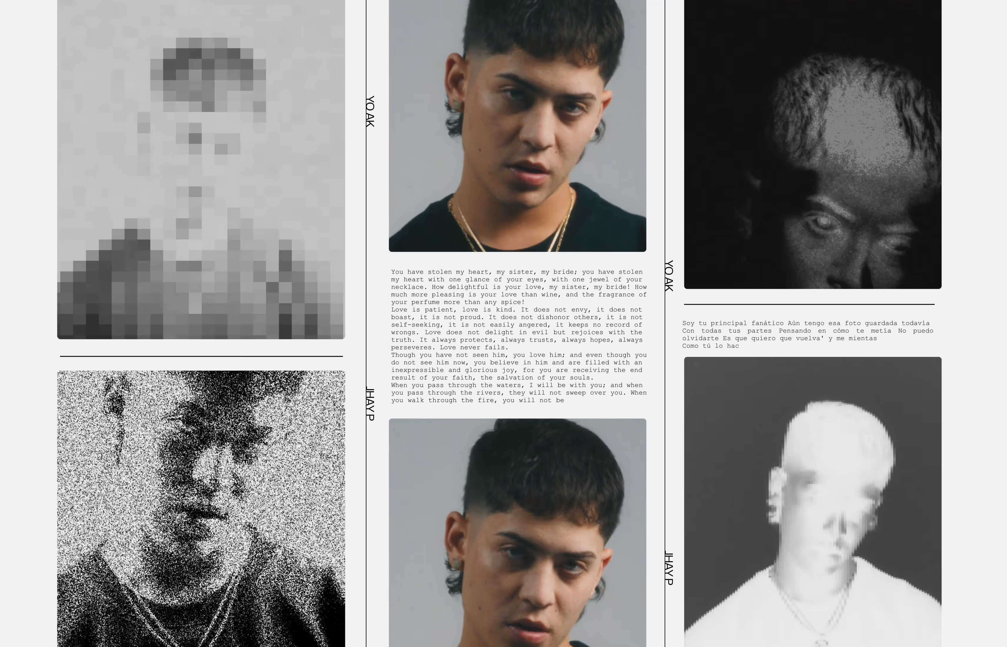Feid YO AK music video motion graphics by NEA Studio, editorial grid layout with pixelated portraits, Feid close-ups, biblical typography and glitch textures on white background