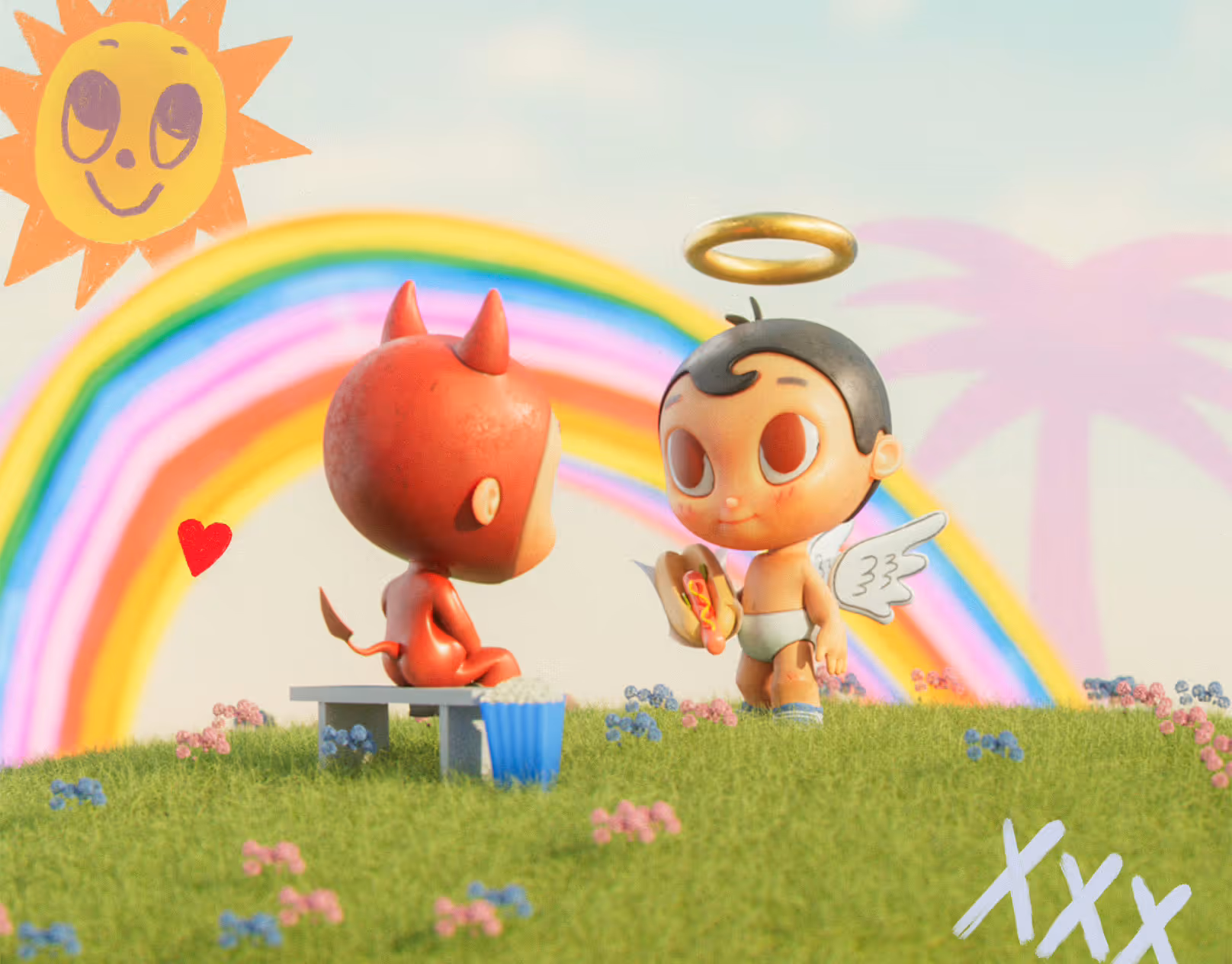 NEA Studio 3D character animation, devil and angel characters in colorful playground scene with rainbow for Karol G MSB Fest animated video