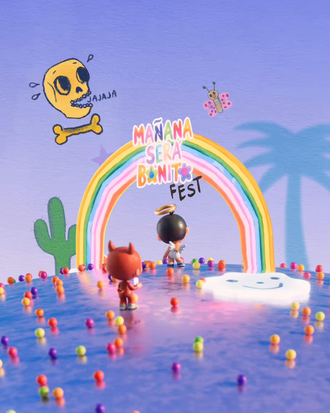 Mañana Será Bonito Fest show visual by NEA Studio, 3D rendered scene with cartoon characters, rainbow arch, colorful spheres, skull and cactus on purple gradient background