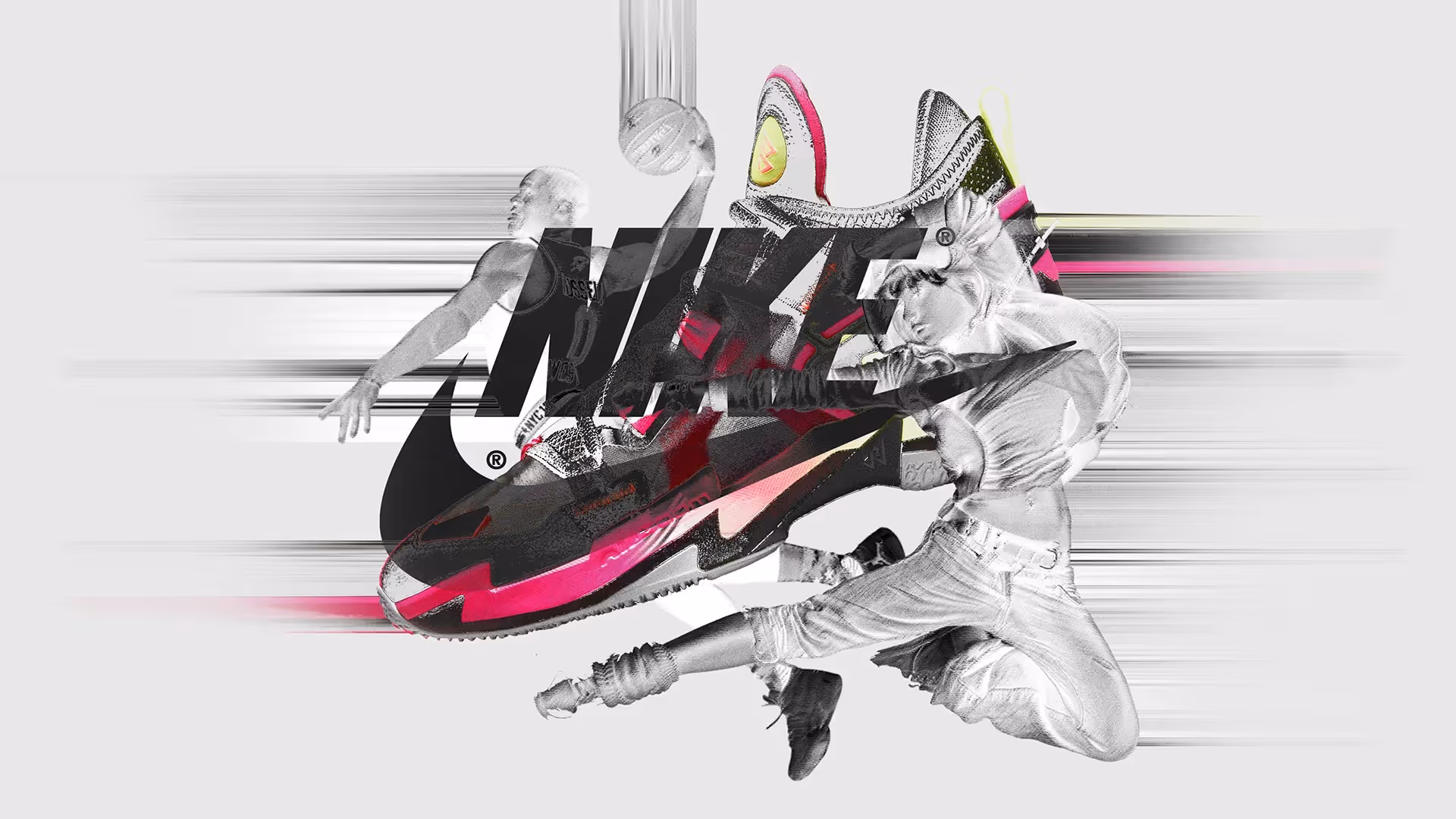 Nike Air Westbrook launch campaign by NEA Studio, motion graphics with classical sculpture fragments, Air Westbrook sneaker and pink speed blur effects on light background