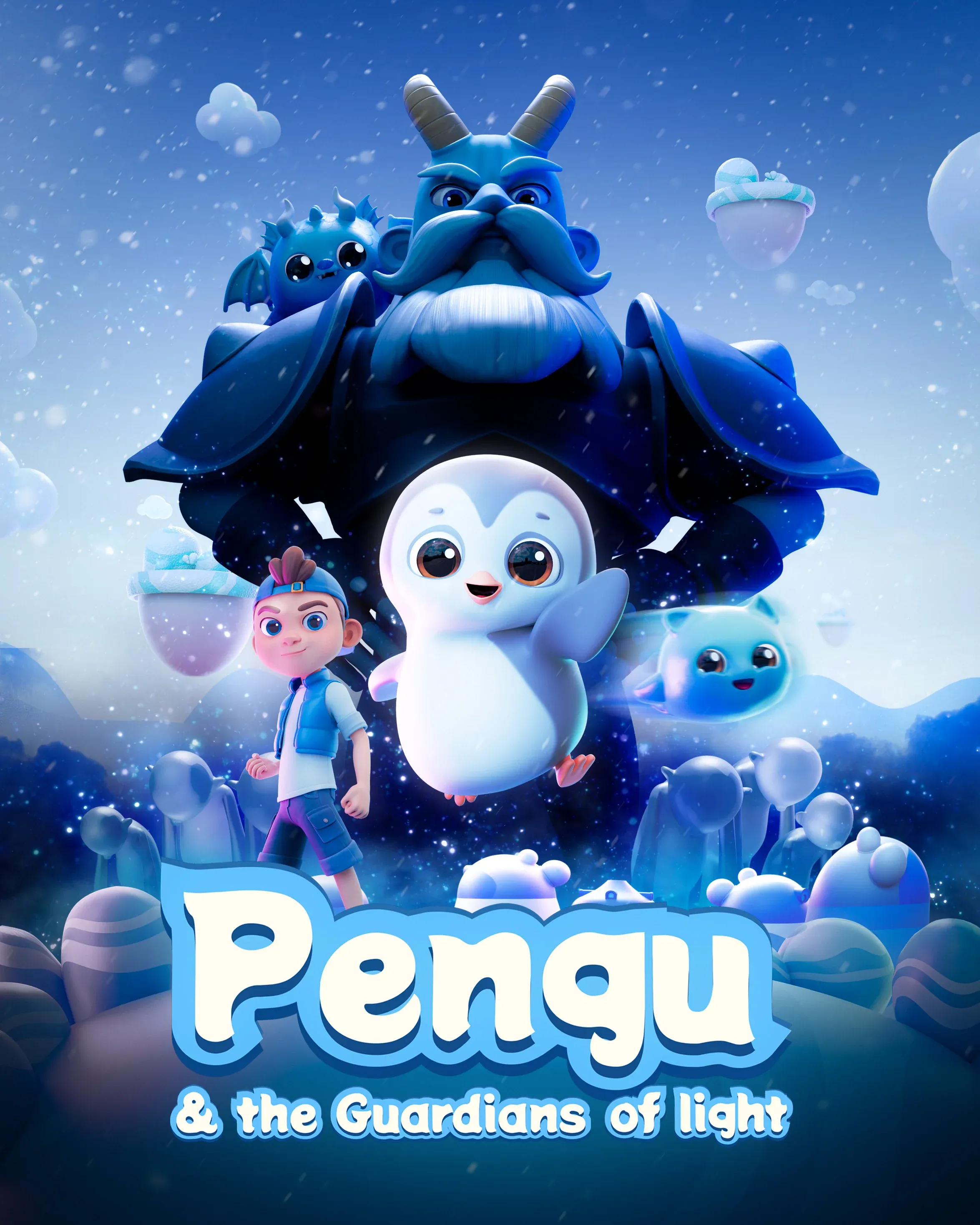Pengu & the Guardians of Light animated series by NEA Studio, 3D rendered poster with penguin hero, blue dragon guardian, child character and fantasy creatures on snowy landscape under starry sky