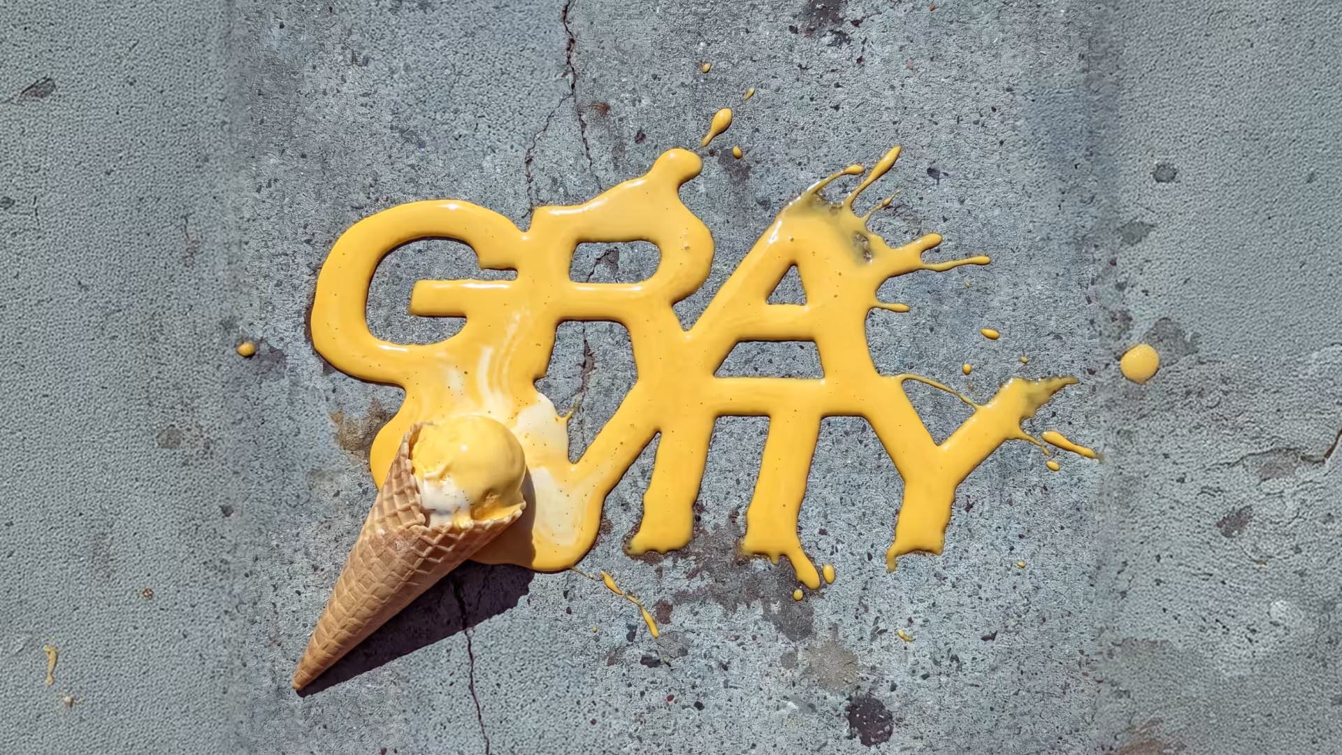 Pilatos Gravity art direction, the word GRAVITY written in melted yellow ice cream on cracked concrete beside a fallen cone
