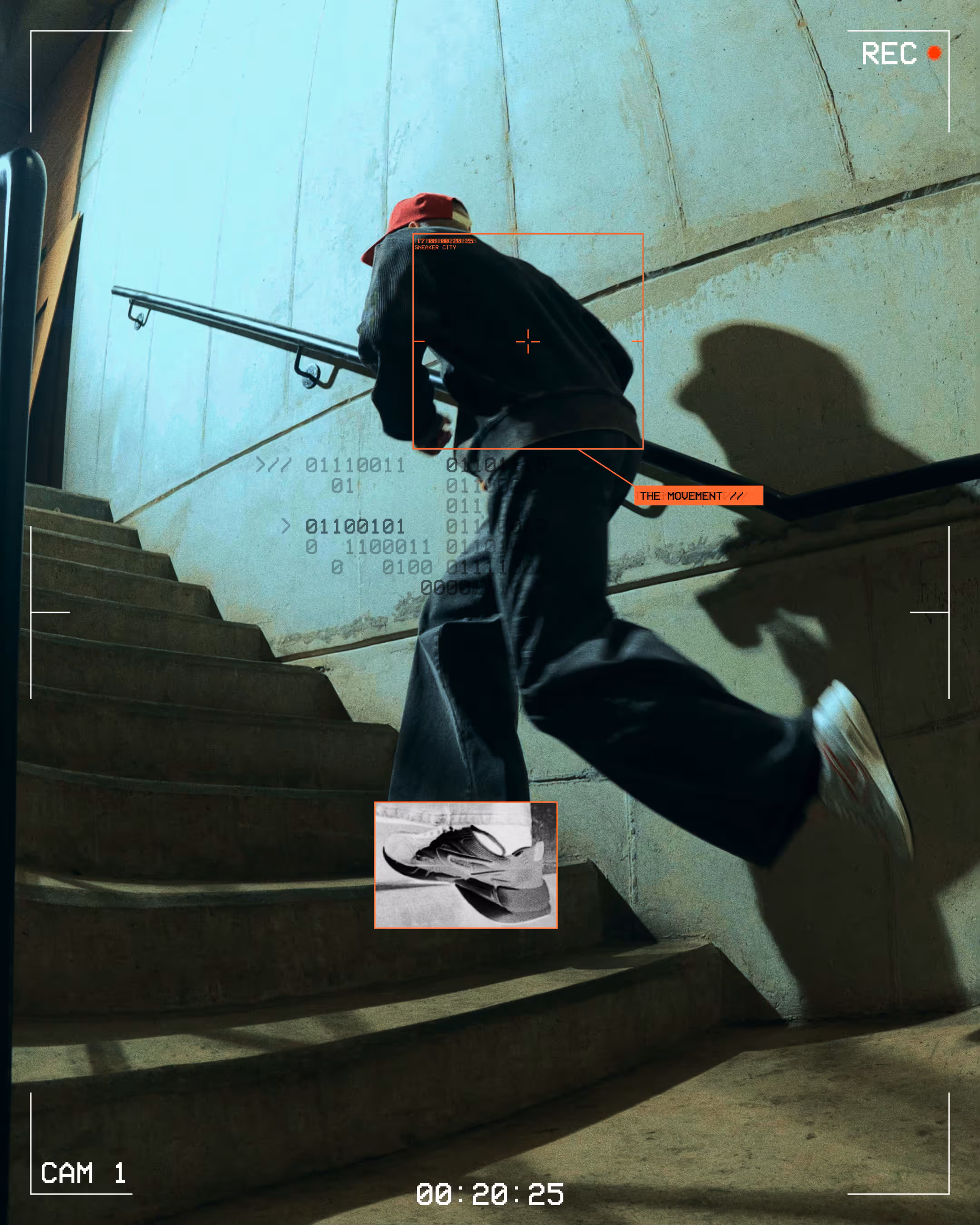 NEA Studio campaign film still, figure running up concrete stairs with motion graphics overlay and sneaker detail for Pilatos The Movement campaign