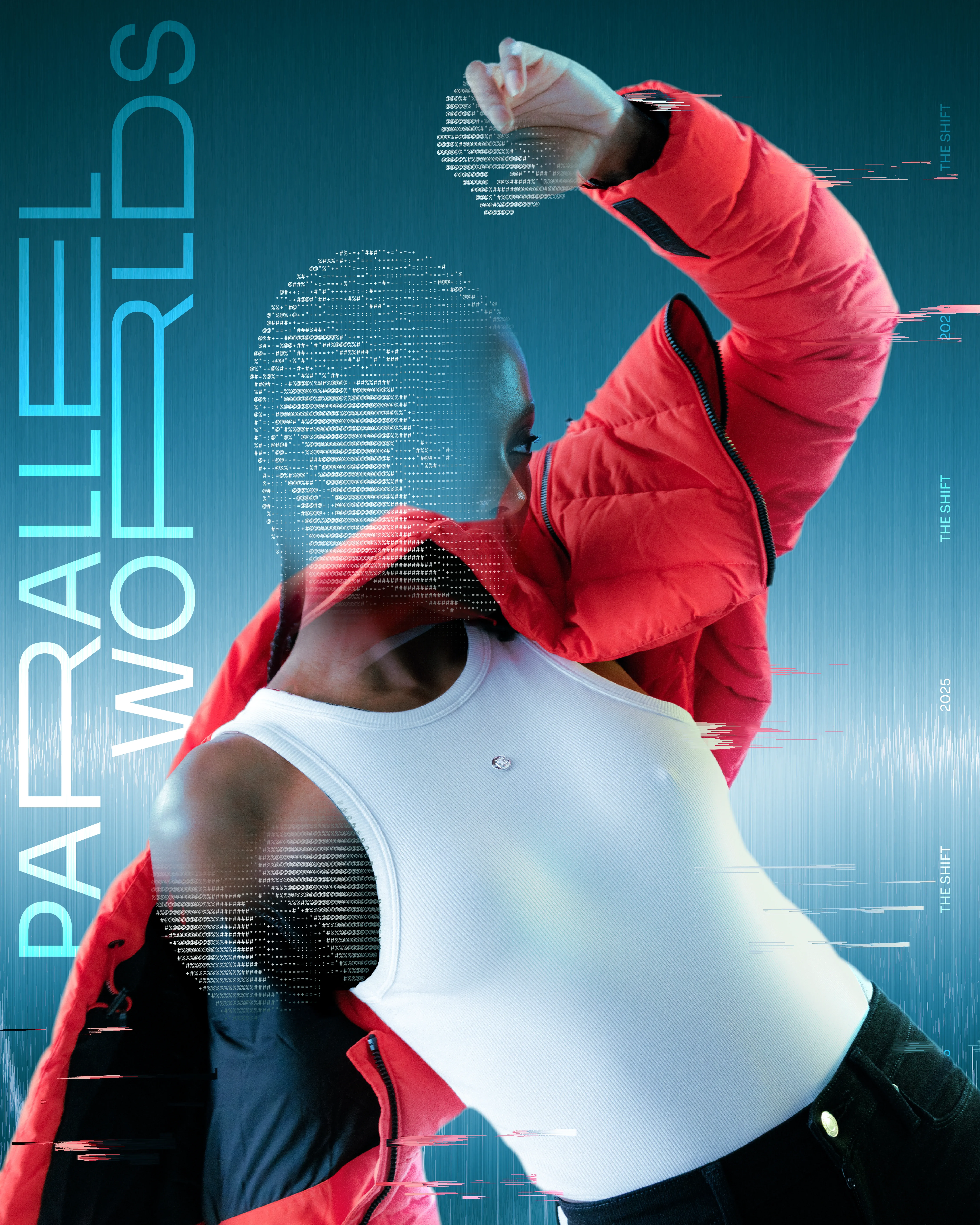 Pilatos The Shift campaign by NEA Studio, CGI composite with model in red jacket and white top, digital glitch overlays and data parallel worlds typography on cyan background