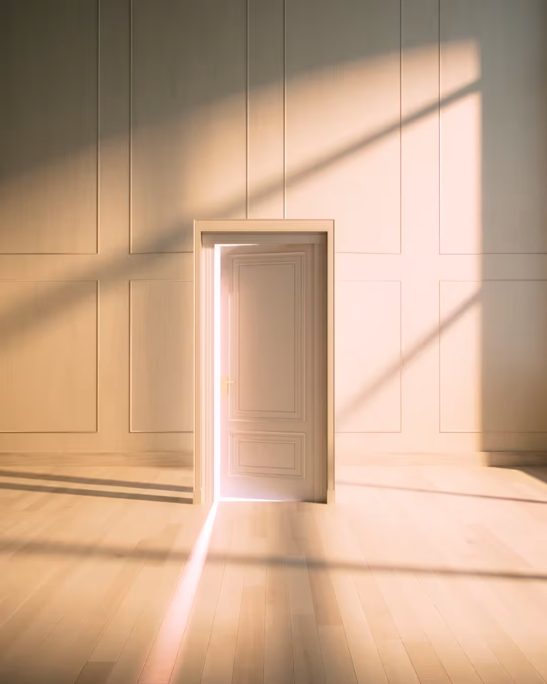 NEA Studio 3D CGI — photorealistic open door with light beam and soft shadows for Ruby Rose beauty campaign