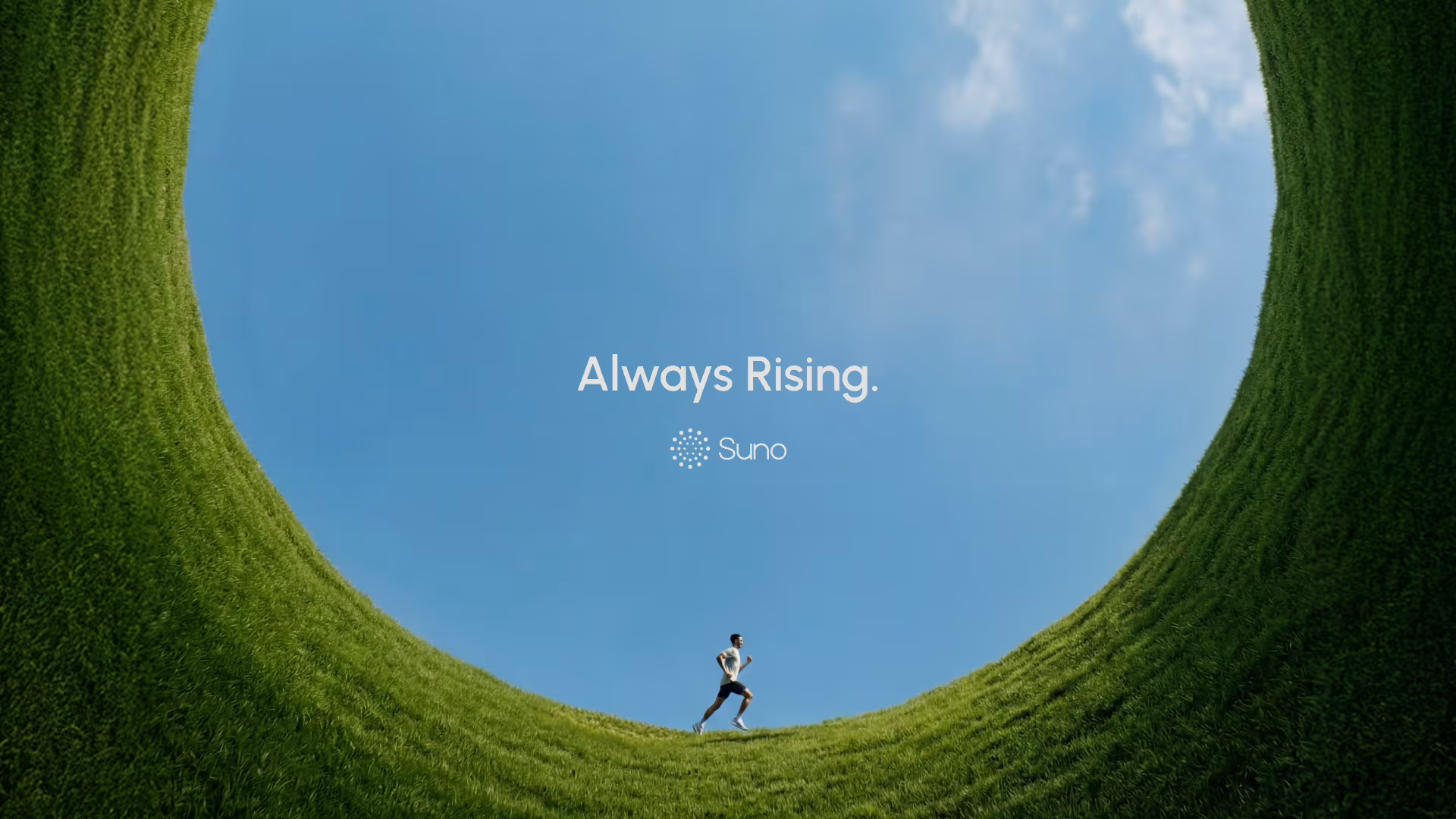 Suno brand identity by NEA Studio, Always Rising tagline with logo on blue sky background surrounded by green grass hills and running figure